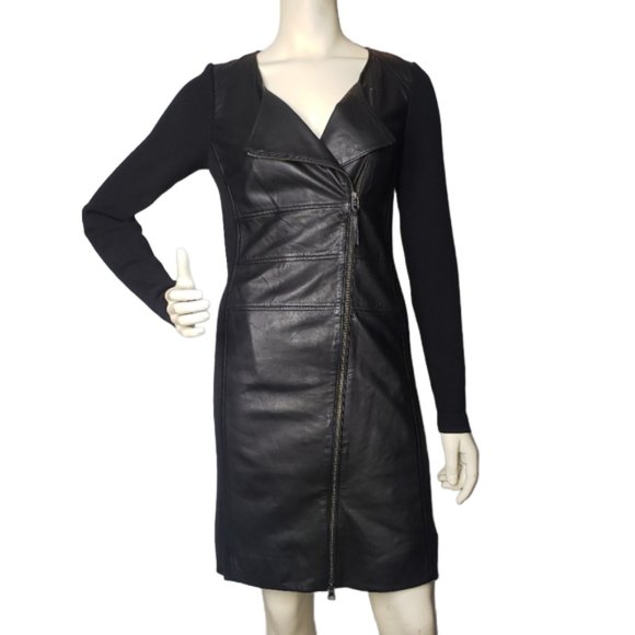 Claudia Strater Leather & Wool Front Zipper Dress Size 36 - Picture 1 of 12
